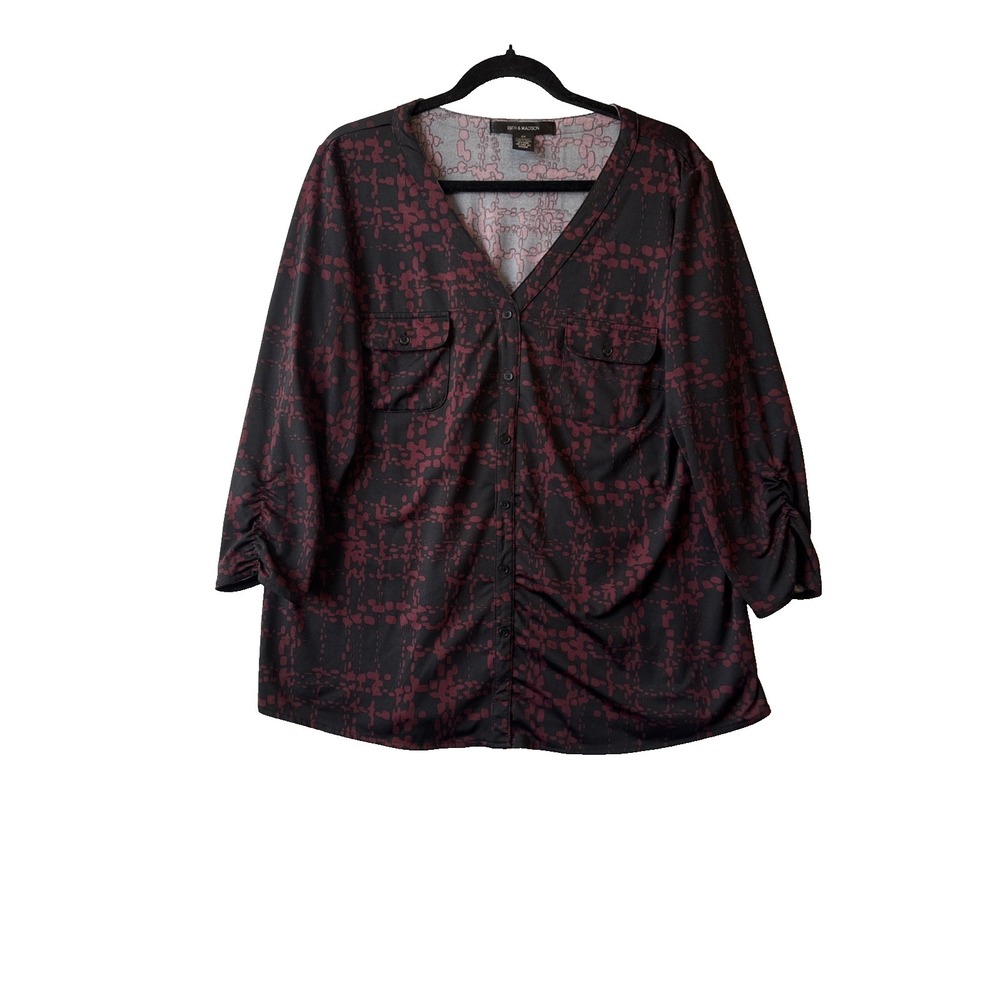 89th & Madison V Neck Button Up 3/4 Ruched Top 2X Whimsigoth Boho Romantic Chic